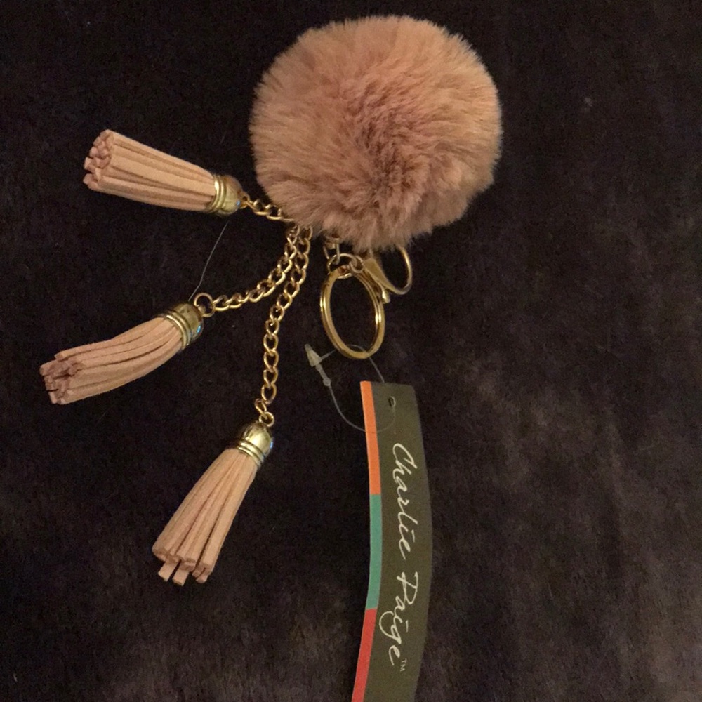 "Plush Ball"Gold tone Keychain w/matching tassels